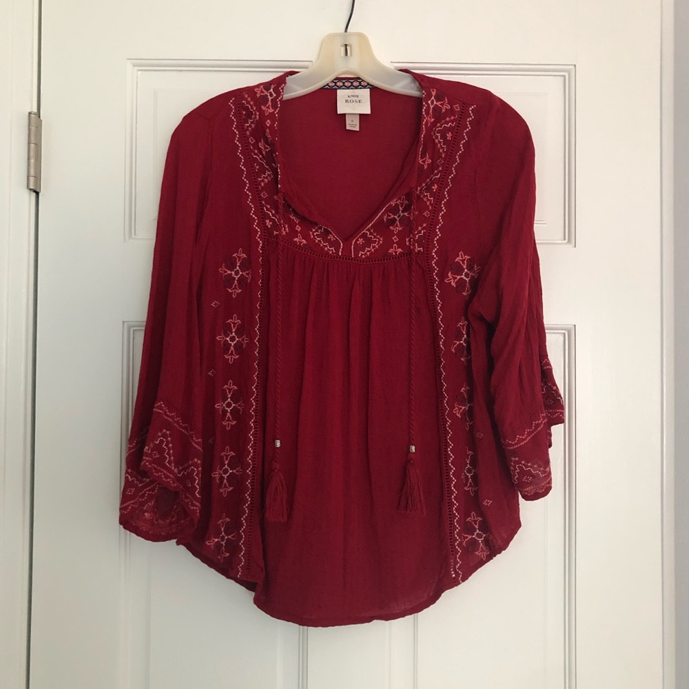 Knox Rose top embroidered detail dark red BOHO